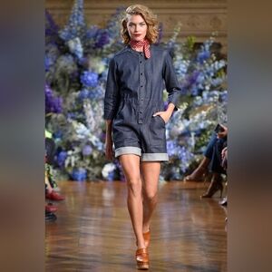 Vanessa Seward Jean Snap Button-Up Front Jean Romper Jumpsuit Denim Sz 36 US 4